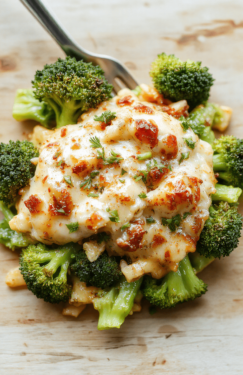 A vibrant plate of healthy broccoli chicken casserole featuring steamed broccoli florets, tender shredded chicken, topped with melted light cheese, served in a rustic white dish. The dish is garnished with fresh herbs, with a creamy sauce visible around the ingredients, set against a neutral wooden table with soft natural lighting highlighting textures and colors.