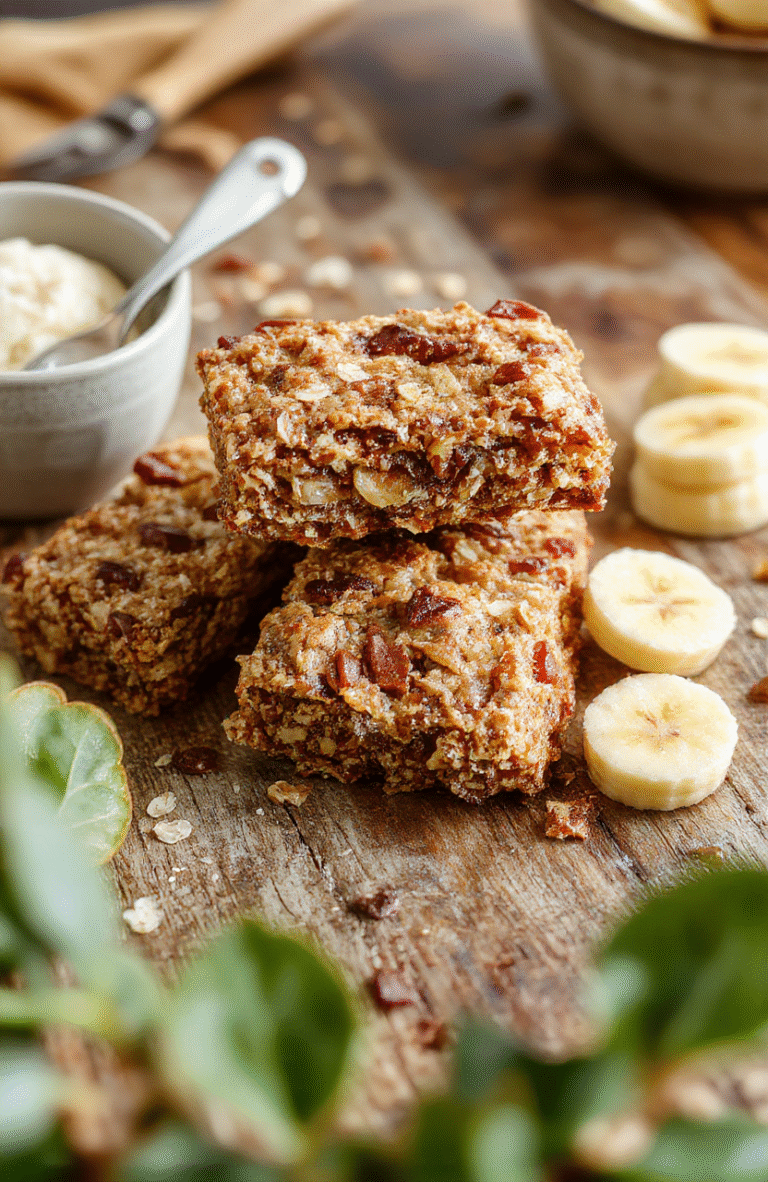 Colorful banana oatmeal bars neatly arranged on a rustic wooden surface, showcasing their golden-brown crumbly texture and banana slices embedded inside, with fresh bananas and oats sprinkled nearby for visual appeal, styled in natural lighting highlighting their wholesome and inviting appearance.