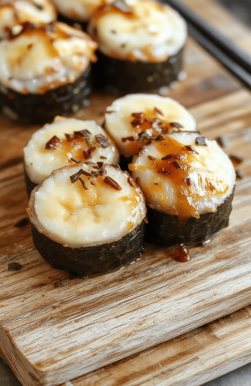 A colorful plate of banana sushi rolls arranged neatly, featuring ripe banana slices wrapped in vibrant fruit and sesame seeds, garnished with fresh mint on a bright, clean surface with natural daylight creating soft shadows.