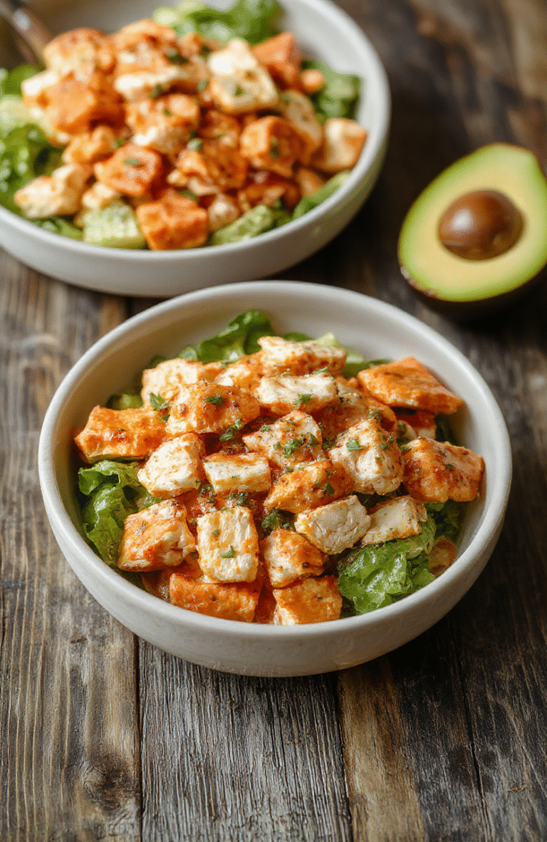 A vibrant bowl of buffalo chicken salad featuring shredded chicken coated in bright orange buffalo sauce, mixed with crisp celery and fresh greens, topped with creamy blue cheese crumbles, all beautifully arranged in a white ceramic bowl on a rustic wooden table, with a side of sliced avocado and a drizzle of ranch dressing, textures of tender chicken, crunchy vegetables, and creamy cheese visible, styled casually for a fresh, inviting look.