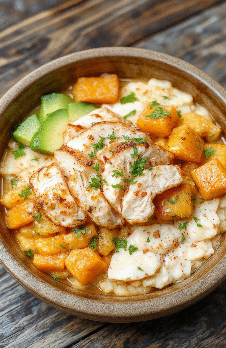 A vibrant rice bowl featuring tender grilled chicken slices, roasted sweet potato chunks, fresh greens, and colorful vegetables, accented with a drizzle of sauce on a rustic wooden plate with a scattered herb garnish, showcasing textures and bright colors.