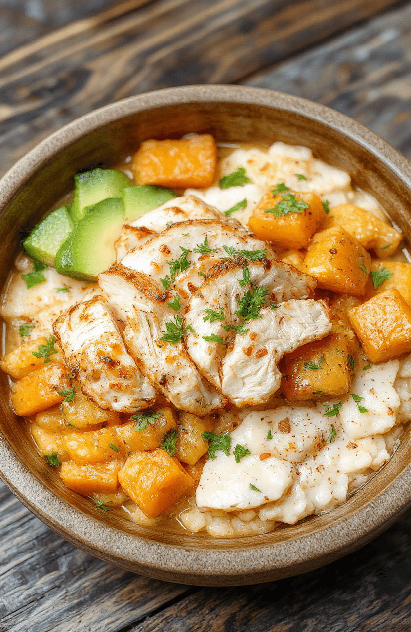 A vibrant rice bowl featuring tender grilled chicken slices, roasted sweet potato chunks, fresh greens, and colorful vegetables, accented with a drizzle of sauce on a rustic wooden plate with a scattered herb garnish, showcasing textures and bright colors.