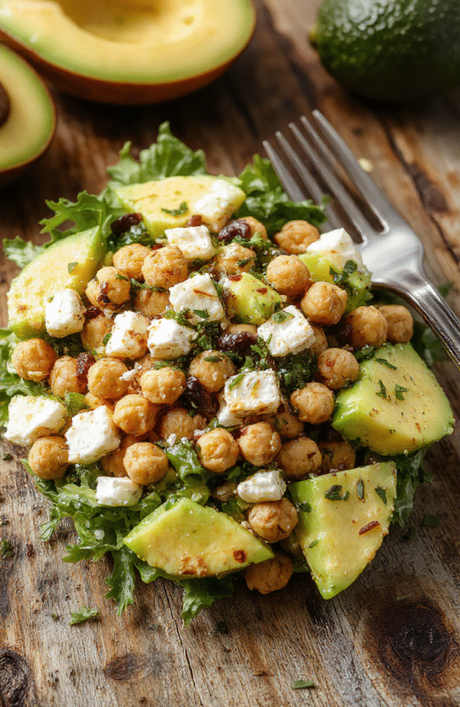 A vibrant bowl of chickpea feta avocado salad with creamy avocado chunks, crumbled feta cheese, and roasted chickpeas on a rustic wooden table, topped with fresh herbs and drizzled with olive oil, showcasing bright greens, white feta, and golden chickpeas, styled simply for an inviting, wholesome look.