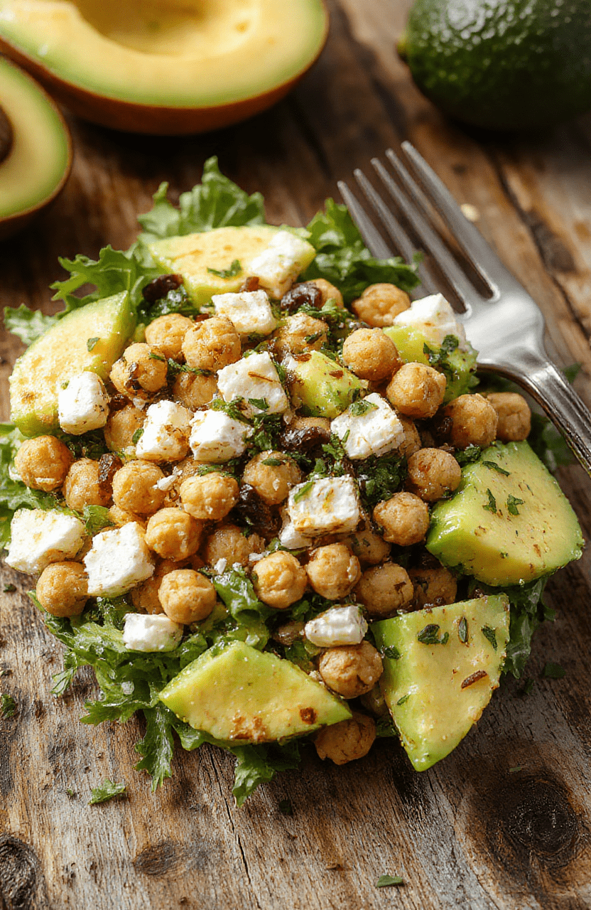A vibrant bowl of chickpea feta avocado salad with creamy avocado chunks, crumbled feta cheese, and roasted chickpeas on a rustic wooden table, topped with fresh herbs and drizzled with olive oil, showcasing bright greens, white feta, and golden chickpeas, styled simply for an inviting, wholesome look.