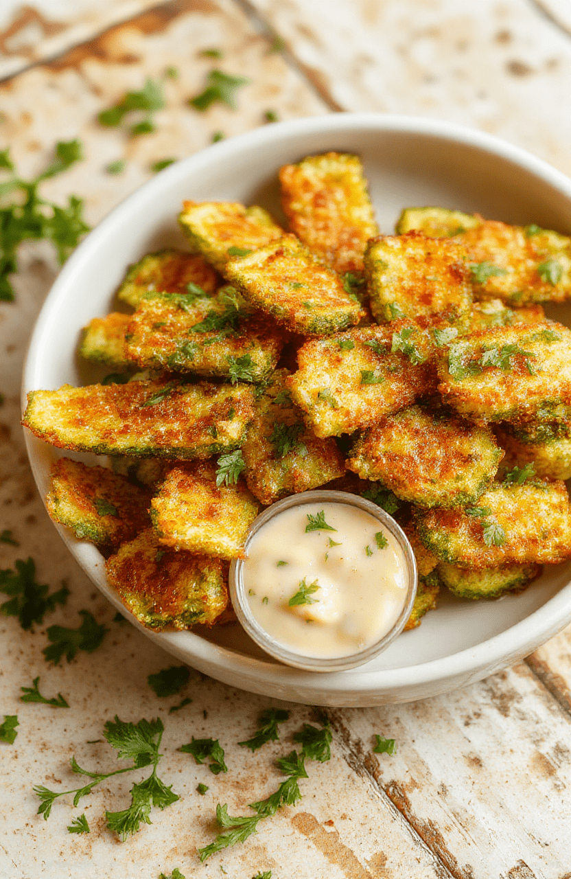 A vibrant plate of golden crispy zucchini fries arranged attractively on a white ceramic dish, garnished with fresh herbs. The fries showcase a crunchy exterior with a tender green zucchini interior, surrounded by a scattering of extra herbs and a small dipping bowl of sauce. Bright natural lighting enhances the fresh green and golden tones, styled simply with a rustic background for a casual, appetizing presentation.