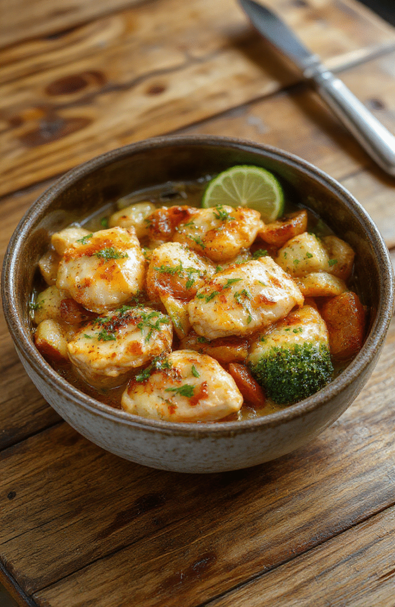 A vibrant plate of chicken and colorful vegetables arranged neatly on a rustic wooden table, steamy and freshly cooked, with a sprinkle of herbs on top, styled simply for an inviting, wholesome look.
