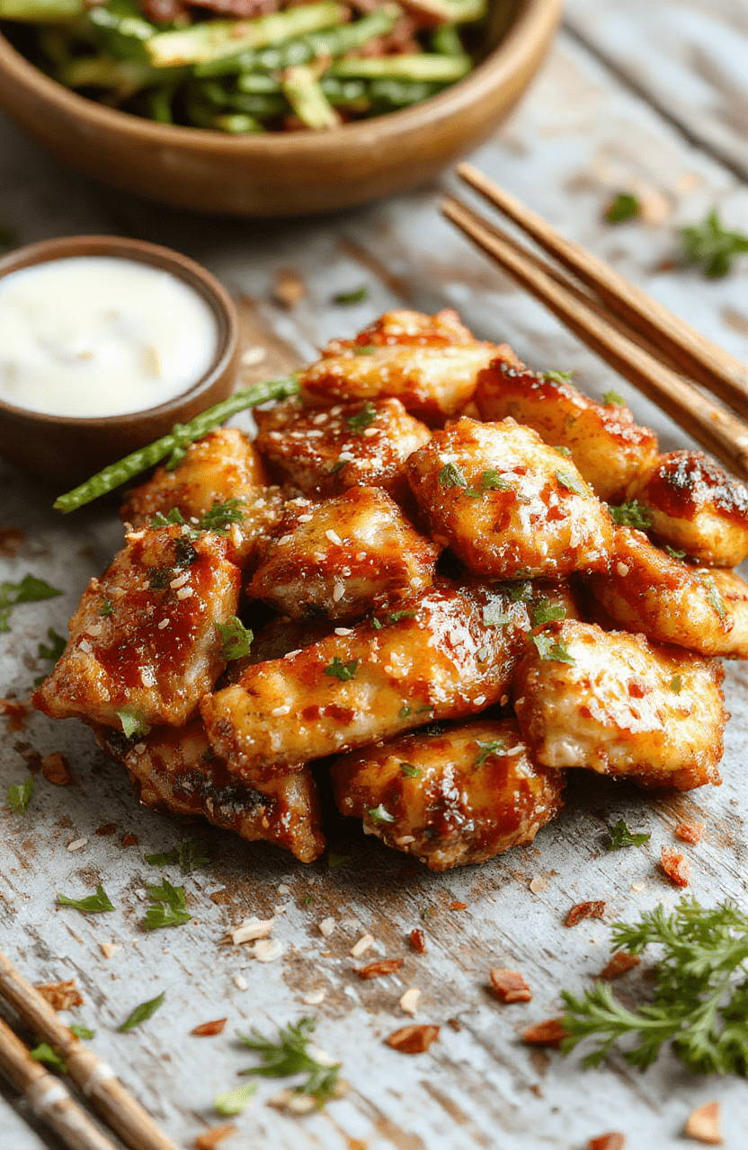 A vibrant plate of sesame chicken topped with toasted sesame seeds and fresh green onions, served on a stylish white dish with colorful vegetables around, glossy sauce coating the crispy chicken pieces, garnished for an elegant yet casual dinner presentation.