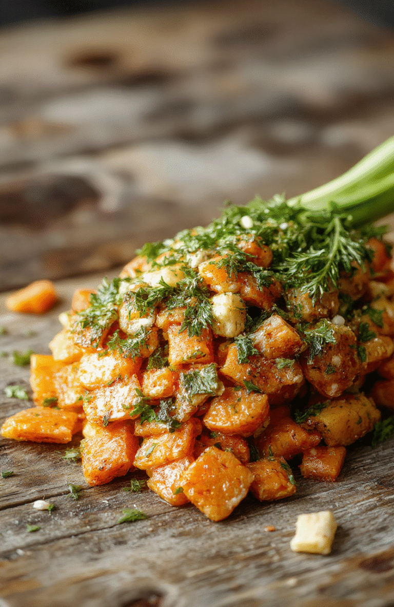 A vibrant plate of smashed carrots with a bright orange color, garnished with fresh herbs, presented on a rustic wooden surface. The carrots are tender and slightly mashed, showcasing a textured surface with hints of seasoning and garnish. The background is softly blurred, emphasizing the colorful dish, styled casually for a homey and appealing look.