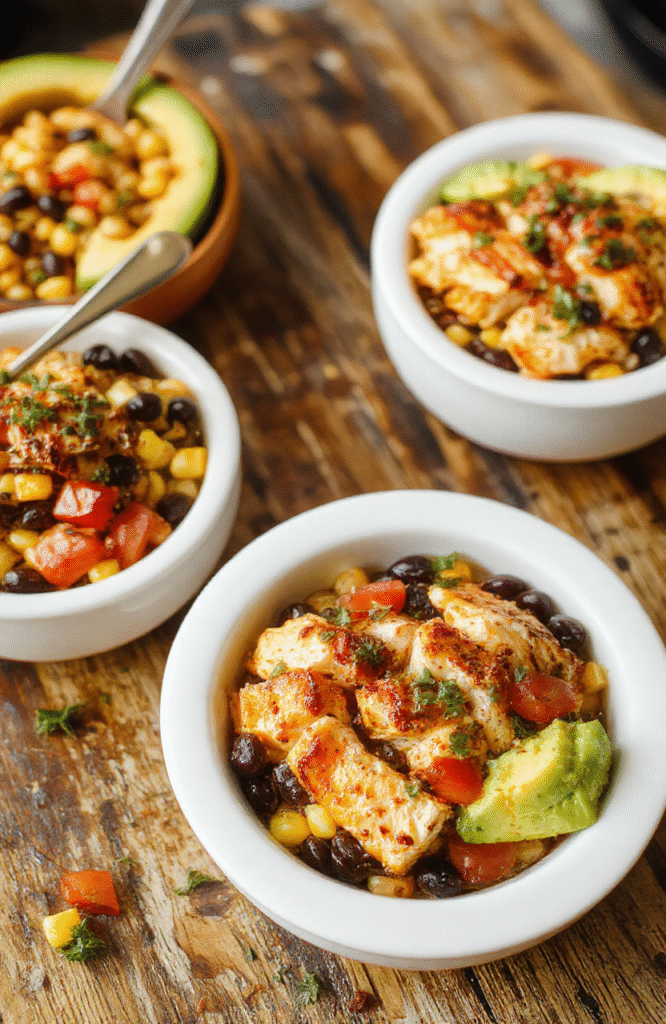 Colorful southwest chicken burrito bowls featuring vibrant ingredients like grilled chicken, black beans, corn, fresh tomatoes, avocado slices, and shredded cheese artfully arranged in white bowls. The bowls are garnished with chopped cilantro and lime wedges, with a backdrop of rustic wooden table and natural sunlight highlighting textures and colors, styled casually for an appetizing and inviting look.