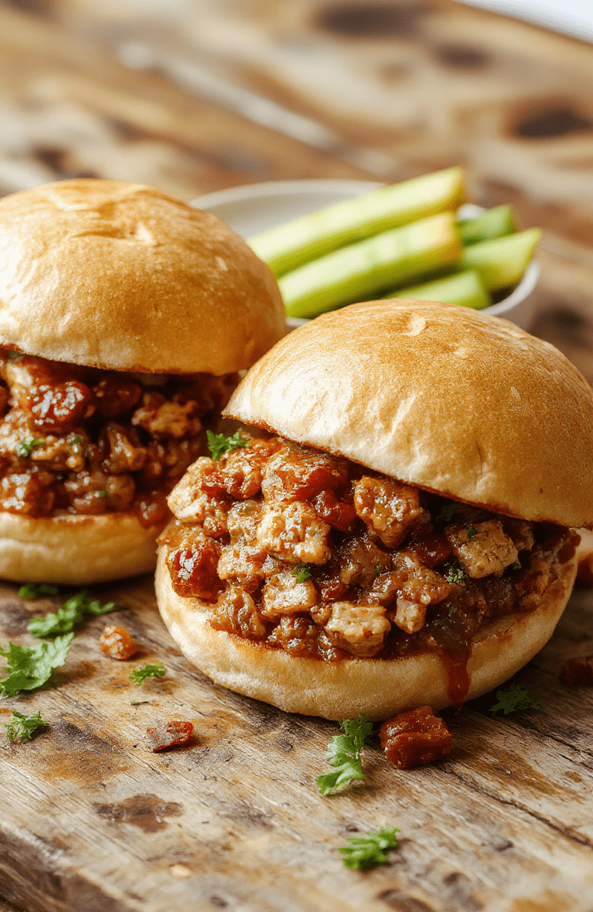 Vivid close-up of a plated turkey sloppy joe sandwich on a rustic wooden table, topped with fresh lettuce and melted cheese, with a side of crispy sweet potato fries, vibrant colors, appetizing textures, styled casually to evoke a cozy family dinner setting.
