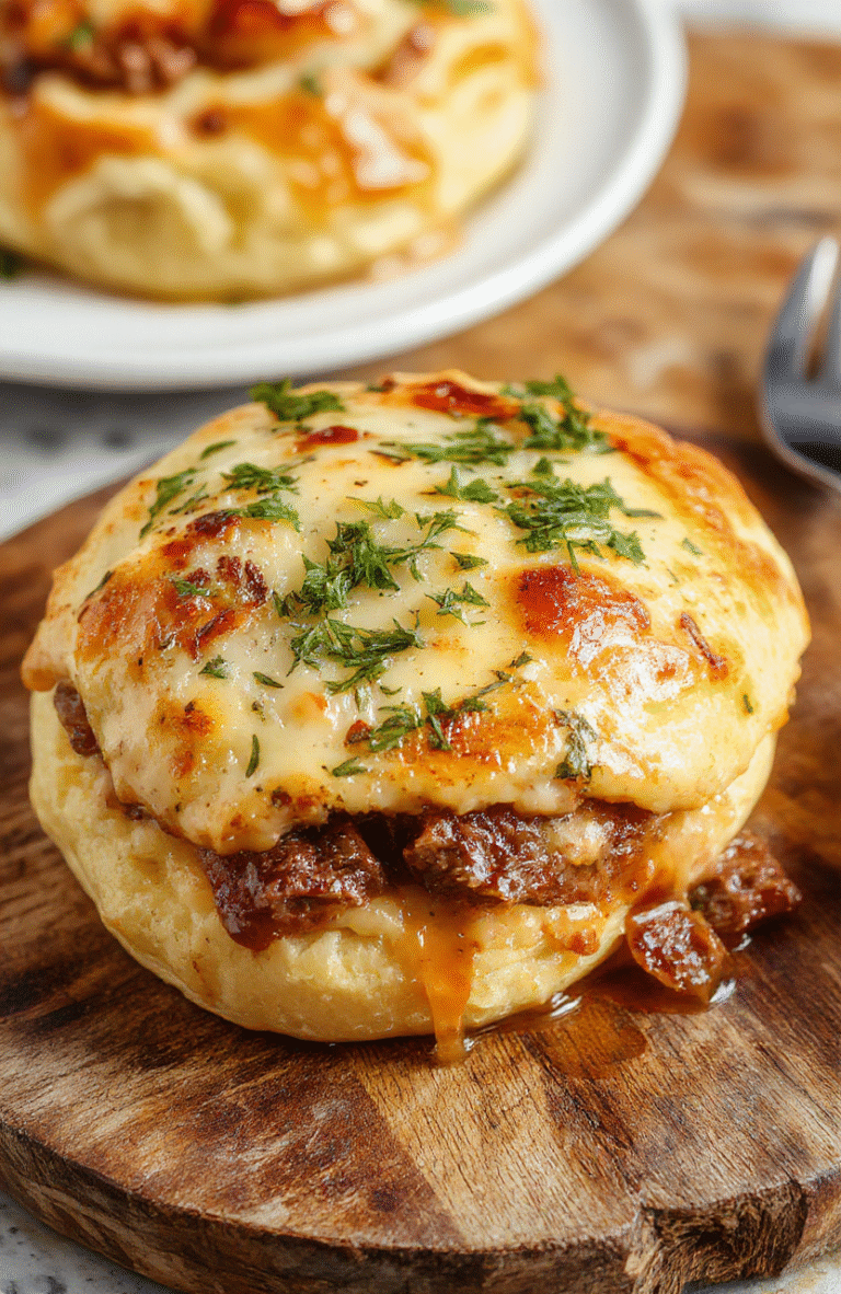 Eine goldbraune Hackfleisch-Käse-Rolle auf einem rustikalen Holzteller, mit geschmolzenem Käse und frischen Kräutern garniert, appetitlich und schnell zubereitet