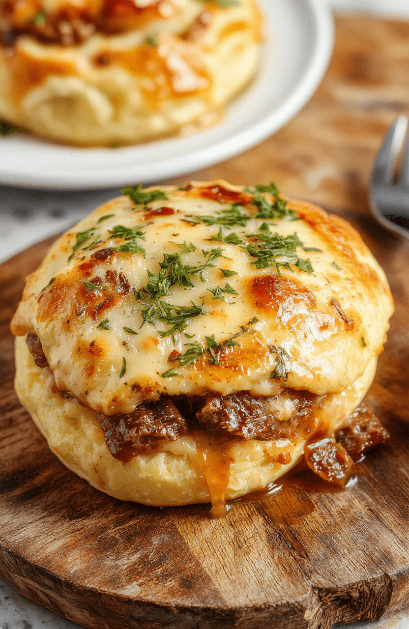 Eine goldbraune Hackfleisch-Käse-Rolle auf einem rustikalen Holzteller, mit geschmolzenem Käse und frischen Kräutern garniert, appetitlich und schnell zubereitet
