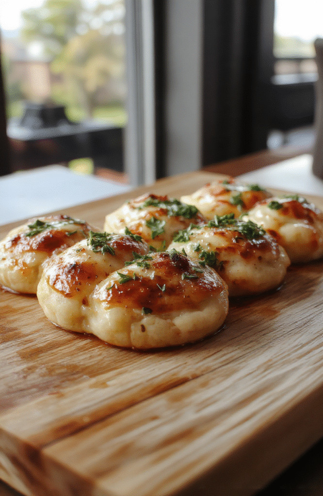 Bunten, runde Pizza Bällchen auf einem weißen Teller, knusprig außen, mit geschmolzenem Käse und Tomatensoße gefüllt, frisch und appetitlich stilisiert.