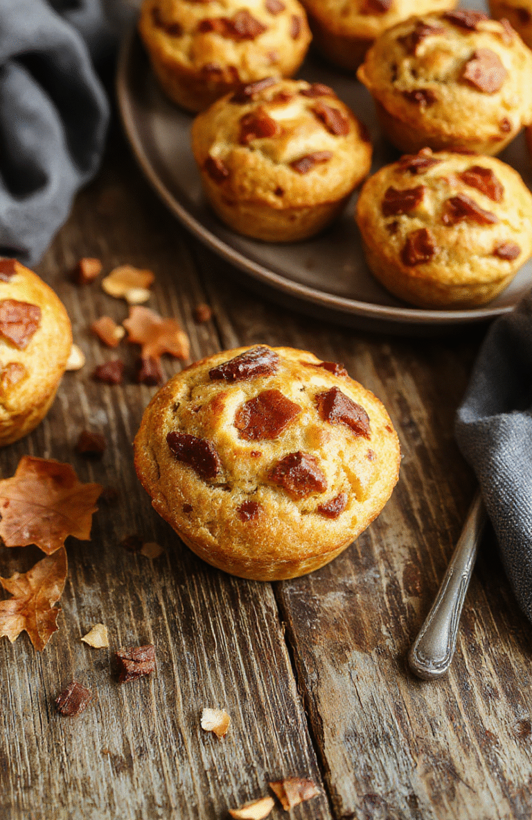 Mini Zwiebelkuchen Muffins auf einem Holzbrett, goldbraun, mit knusprigem Rand, saftige Zwiebeln und zarte Teigkruste, ansprechend dekoriert, natürliche Beleuchtung