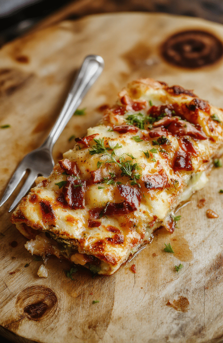 Bunter Flammkuchen mit goldbraunem Speck, geschmolzenem Käse, dünne Kartoffelscheiben auf einem rustikalen Holzbrett, appetitlich angerichtet mit frischen Kräutern