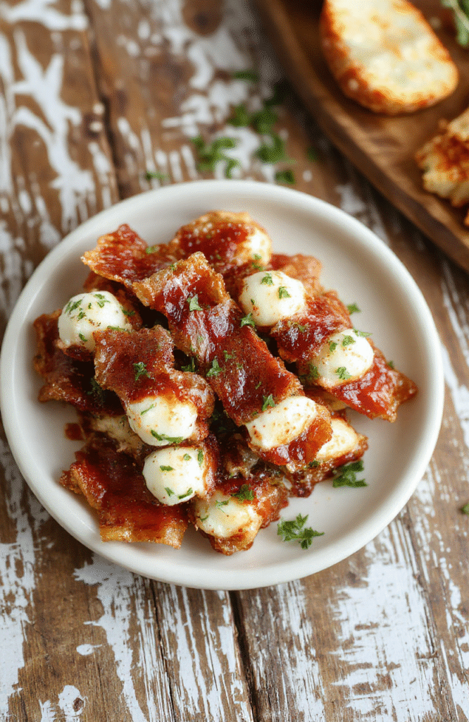 Bacon-Mozzarella-Sticks auf einem weißen Teller, goldbraune Käse- und Speckhülle, saftig und knusprig, mit frischen Kräutern garniert