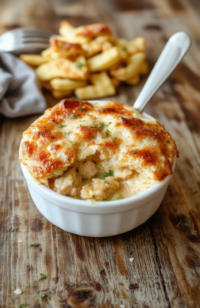 A vibrant plate of crustless chicken pot pie featuring tender chicken chunks, mixed vegetables, and a creamy sauce. The dish is garnished with fresh herbs and served in a rustic white bowl on a wooden table, highlighting the warm, comforting appeal with colorful vegetables and a smooth, hearty sauce.