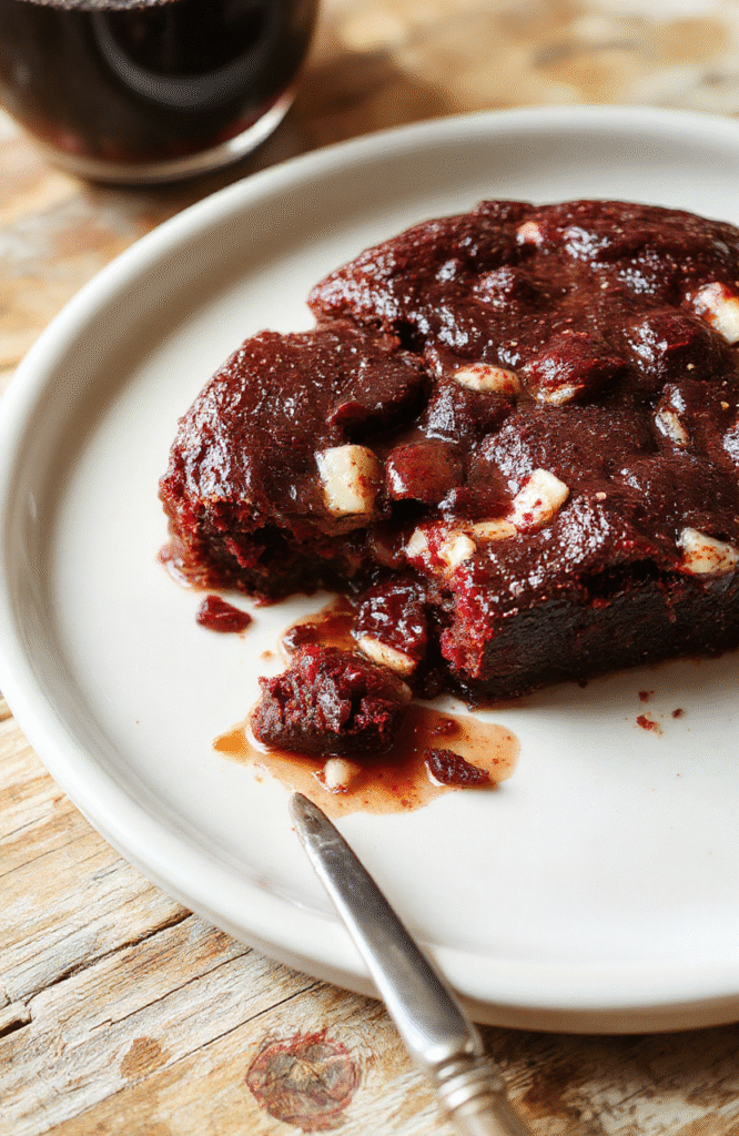 Ein verführerischer Himbeer-Brownie-Cheesecake auf einem weißen Teller, garniert mit frischen Himbeeren und Minzblättern, die cremige Schicht im Inneren sichtbar, dunkle Schokoladen-Brownie-Böden und eine rosa Himbeer-Ganache, stilvoll serviert mit goldenen Dekorationen.