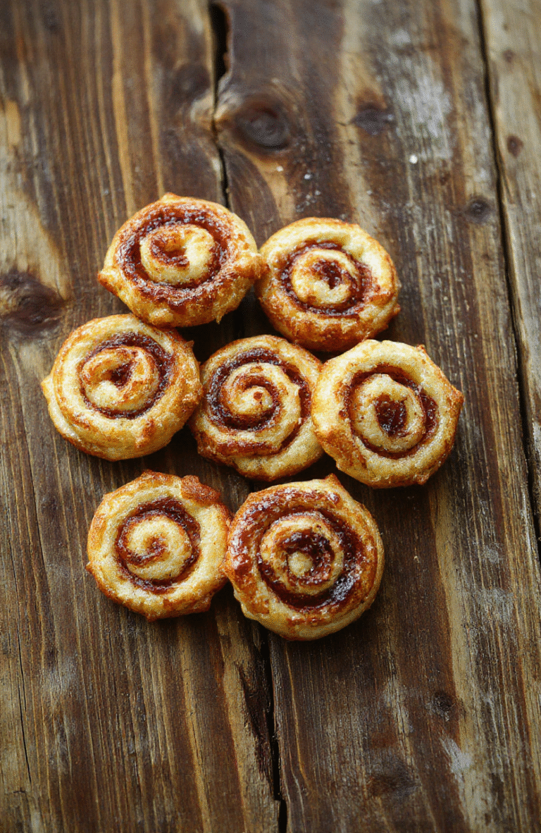 Goldene Spiralplätzchen auf einem Holzbrett, leicht gebräunt mit Zuckerglasur, stilvoll angerichtet, appetitlich und einladend