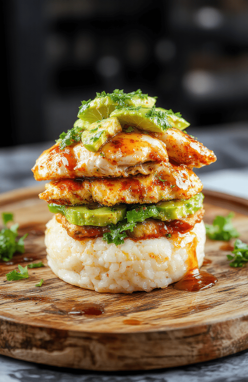 Colorful honey lime chicken slices draped over creamy avocado and fluffy rice, garnished with fresh lime wedges and cilantro, styled on a rustic wooden plate with vibrant greens and a drizzle of honey, textured and appetizing.