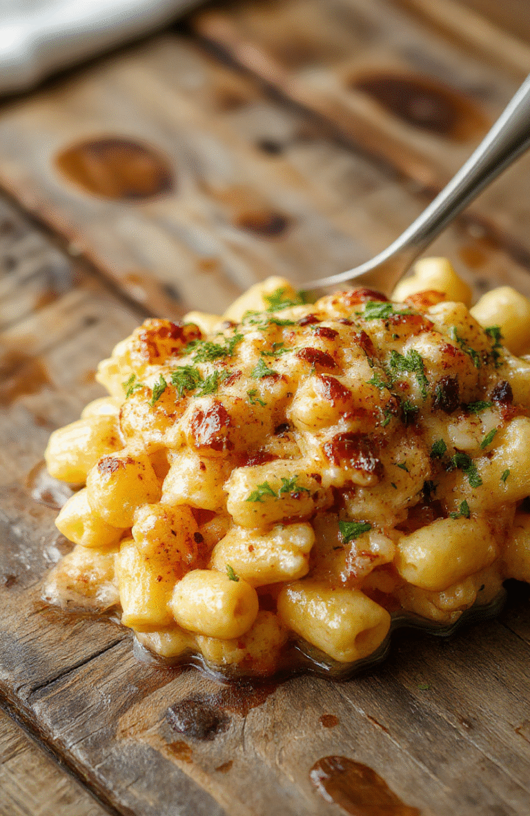 A creamy mac and cheese topped with crispy glazed honey pepper chicken pieces garnished with fresh herbs, served on a rustic wooden plate with a drizzle of honey and cracked pepper, complemented by a colorful napkin and soft lighting that highlights the textures and vibrant colors.