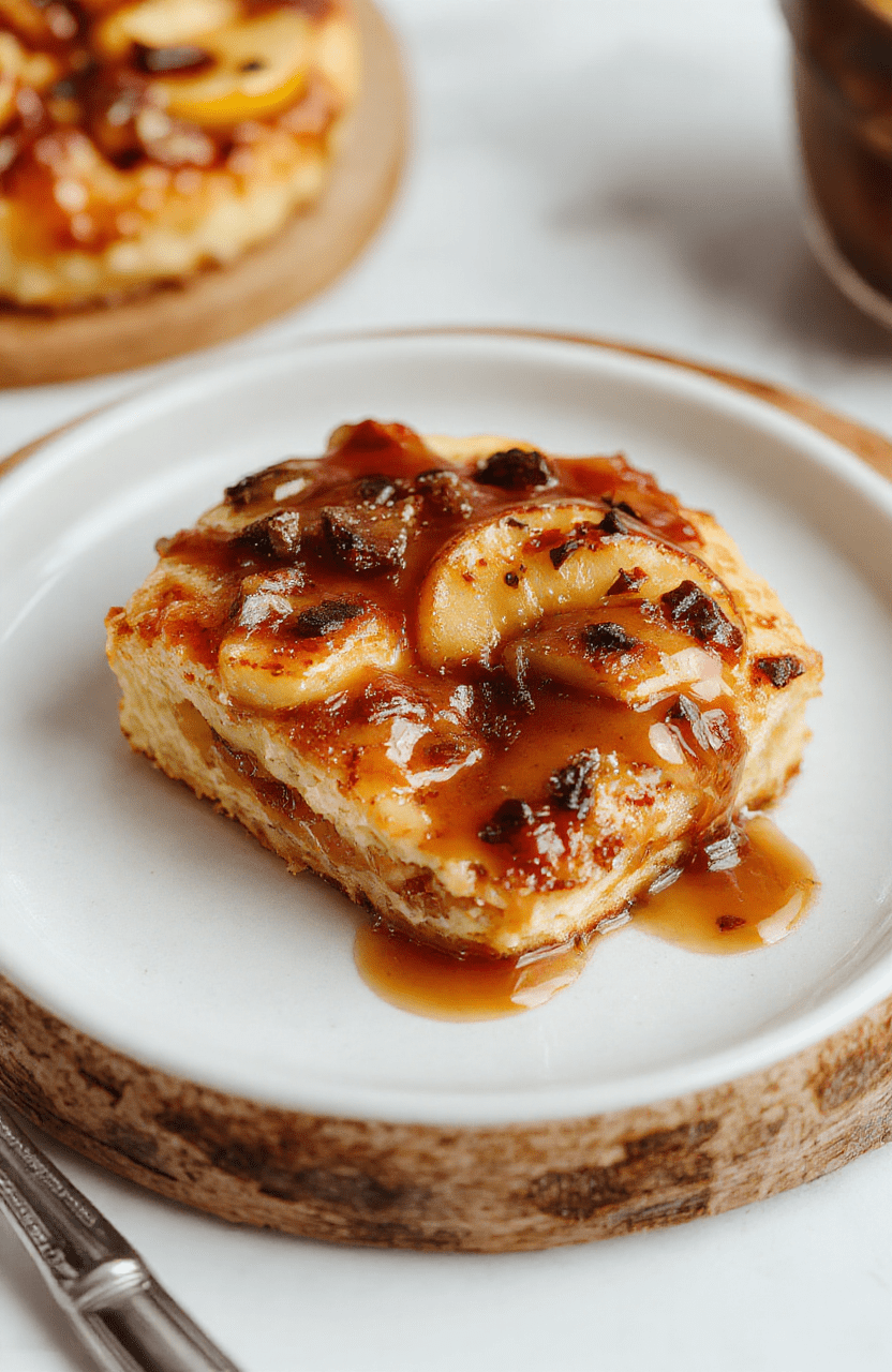 Ein cremiger Käsekuchen mit goldbrauner Karamellkruste, garniert mit frischen Apfelscheiben, auf einem Holzbrett serviert, mit zartem Füllstil und karamellisierten Akzenten