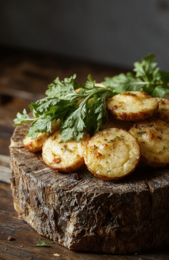Knoblauchbrot-Häppchen mit goldener, knuspriger Kruste, geschmolzenem Käse und frischen Kräutern, serviert auf einem Holzbrett mit Tomaten und Kräutern, appetitlich und einladend.