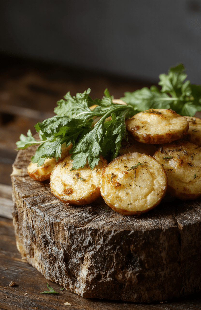 Knoblauchbrot-Häppchen mit goldener, knuspriger Kruste, geschmolzenem Käse und frischen Kräutern, serviert auf einem Holzbrett mit Tomaten und Kräutern, appetitlich und einladend.