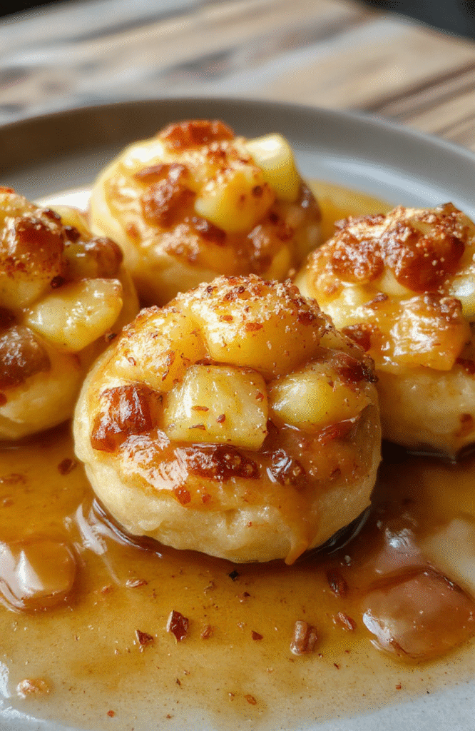 Knusprige Apfelkrapfen in einer goldbraunen Außenhaut, gefüllt mit saftigen Apfelstücken, bestreut mit Zimt und Puderzucker, auf einem hellen Teller serviert