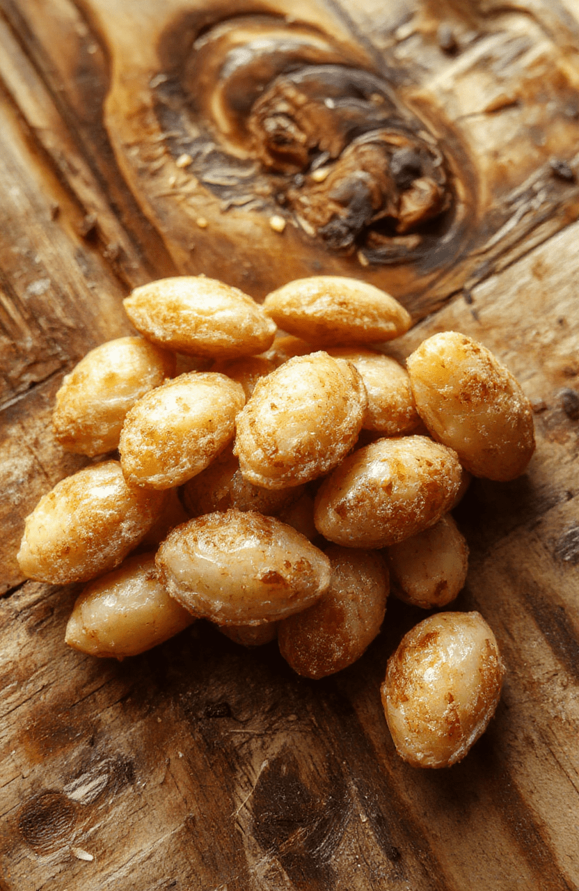 Helle, glänzende gebrannte Mandeln in einer Schale, knusprig und karamellisiert, mit einer goldbraunen Oberfläche, dekorativ arrangiert.