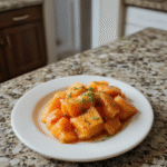 Bunte knusprige Brokkoli-Käse-Nuggets auf einem weißen Teller, goldgelb gebacken mit zerdrücktem Brokkoli und geschmolzenem Käse, stilvoll angerichtet.
