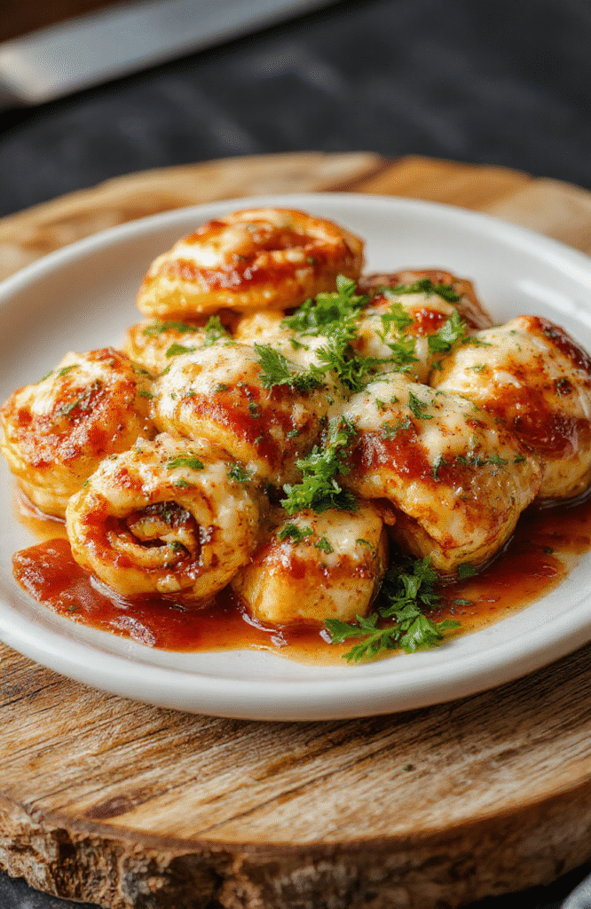 Knusprige Pizzarollen auf einem weißen Teller, mit goldbrauner Kruste, gefüllt mit Käse und Tomaten, serviert mit frischen Kräutern, appetitlich und einladend.