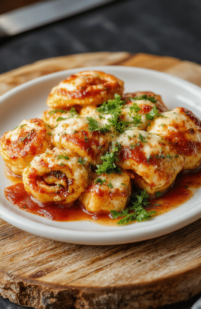Knusprige Pizzarollen auf einem weißen Teller, mit goldbrauner Kruste, gefüllt mit Käse und Tomaten, serviert mit frischen Kräutern, appetitlich und einladend.