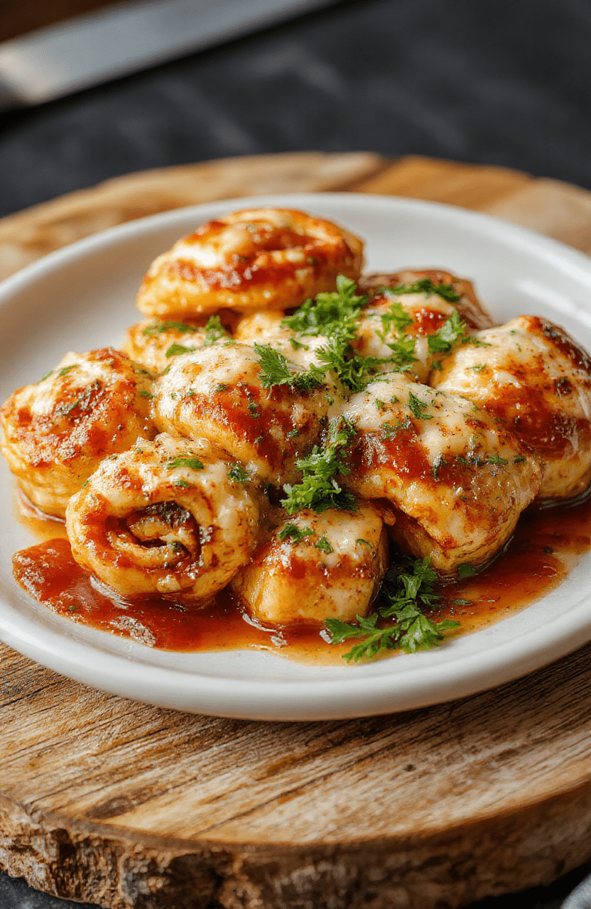 Knusprige Pizzarollen auf einem weißen Teller, mit goldbrauner Kruste, gefüllt mit Käse und Tomaten, serviert mit frischen Kräutern, appetitlich und einladend.