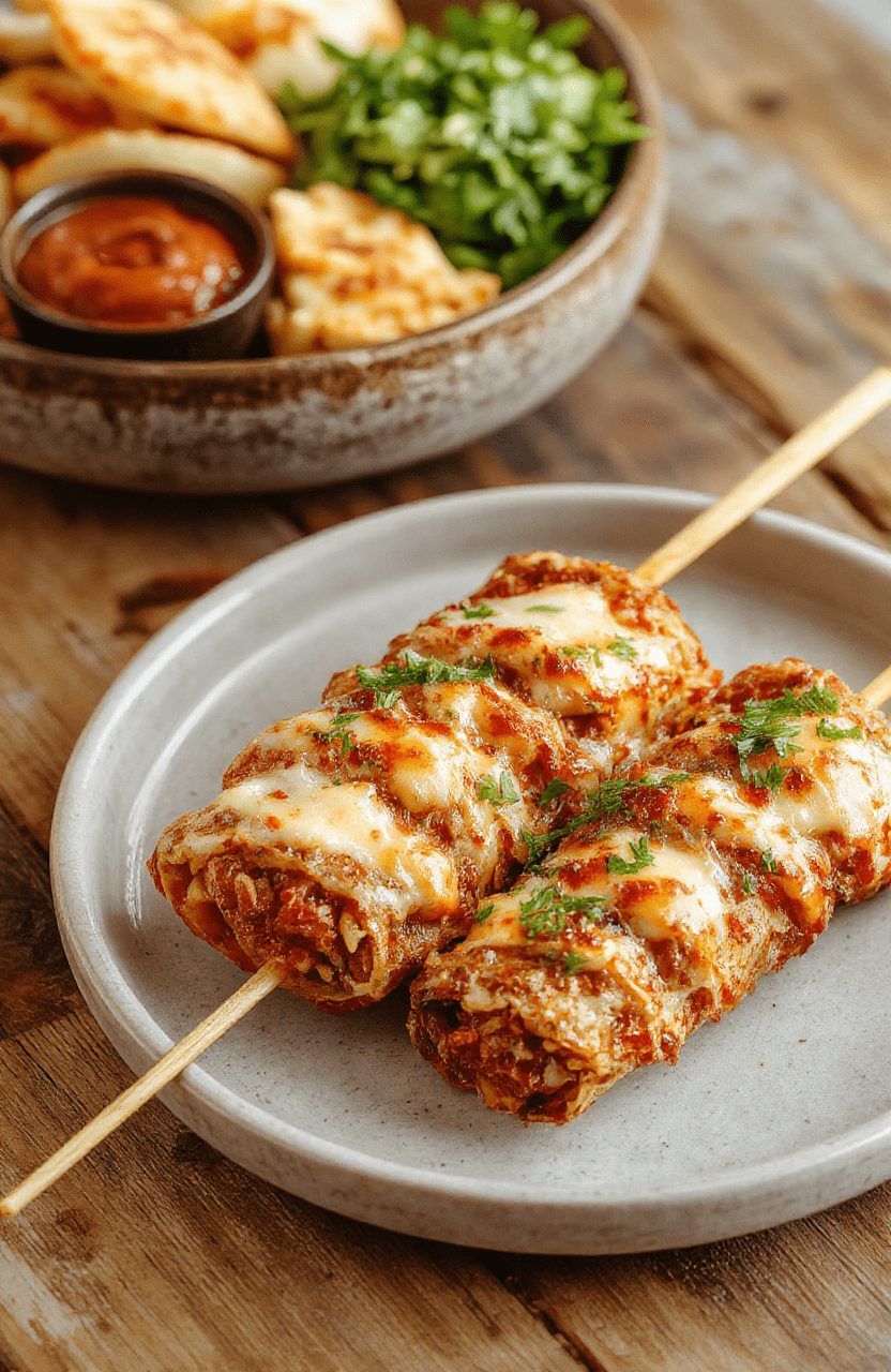 Knusprige Taco-Sticks mit goldener Käsekruste, serviert auf einem rustikalen Holztablett, mit geschmolzenem Käse und frischen Kräutern dekoriert