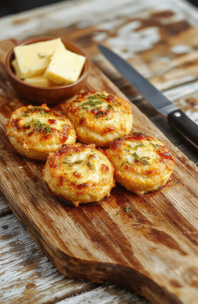 Goldene, knusprige Hörnchen gefüllt mit cremigem Käse und frischem Knoblauch, auf einem rustikalen Holzteller angerichtet, mit körnigem Sesam bestreut, appetitlich und einladend.