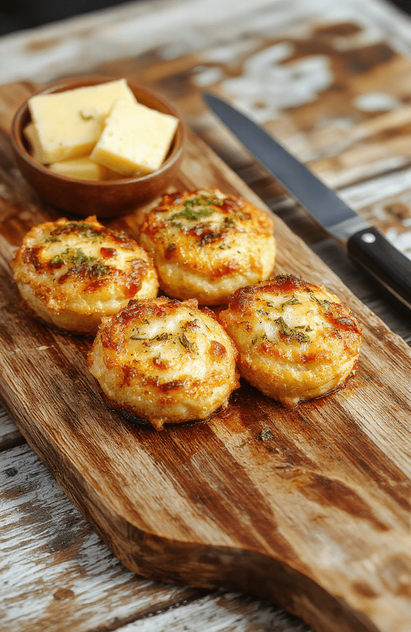 Goldene, knusprige Hörnchen gefüllt mit cremigem Käse und frischem Knoblauch, auf einem rustikalen Holzteller angerichtet, mit körnigem Sesam bestreut, appetitlich und einladend.