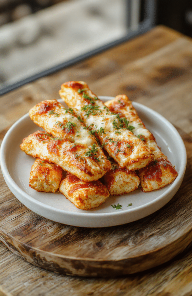 Goldene, knusprige Pizza Sticks mit geschmolzenem Käse und Tomatensauce, serviert auf einem Holzbrett, lässig dekoriert, appetitlich und verlockend.