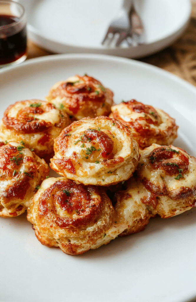 Goldbraune, knusprige Pizzarollen auf einem weißen Teller, gefüllt mit geschmolzenem Käse und Tomatensauce, perfekt für einen Snack oder Mittagessen.