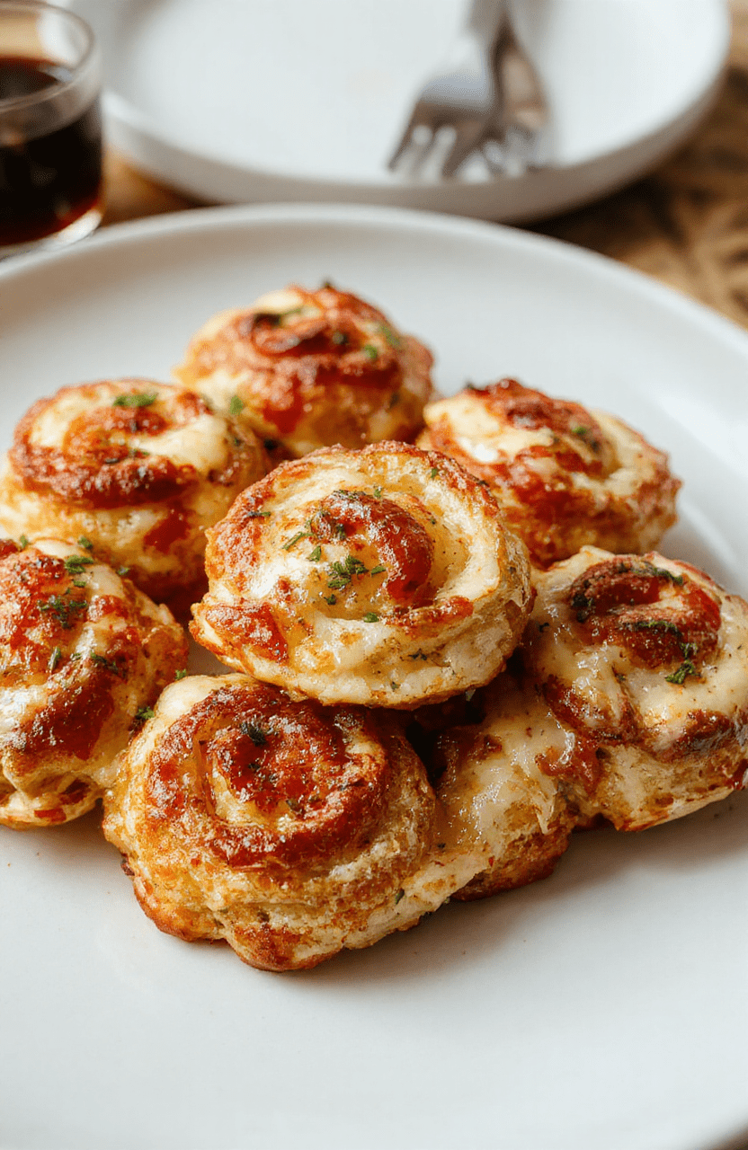 Goldbraune, knusprige Pizzarollen auf einem weißen Teller, gefüllt mit geschmolzenem Käse und Tomatensauce, perfekt für einen Snack oder Mittagessen.