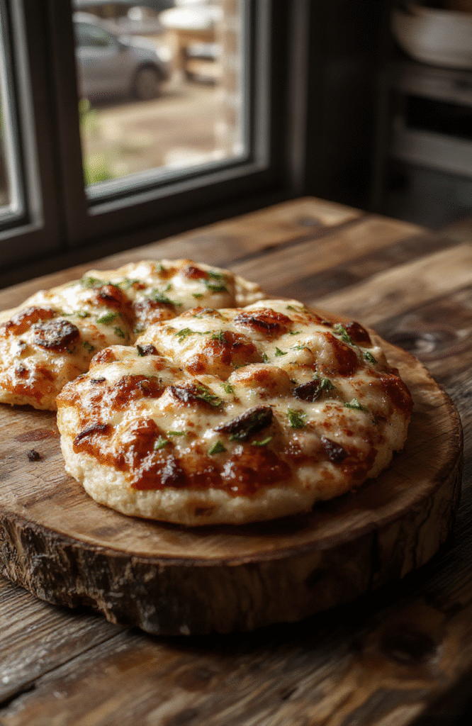 Knusprige Pizzastangen mit goldener Oberseite, gefüllt mit geschmolzenem Käse und Tomatensauce, auf einem holzfarbenen Schneidebrett, mit frischem Basilikum garniert, appetitlich und einladend
