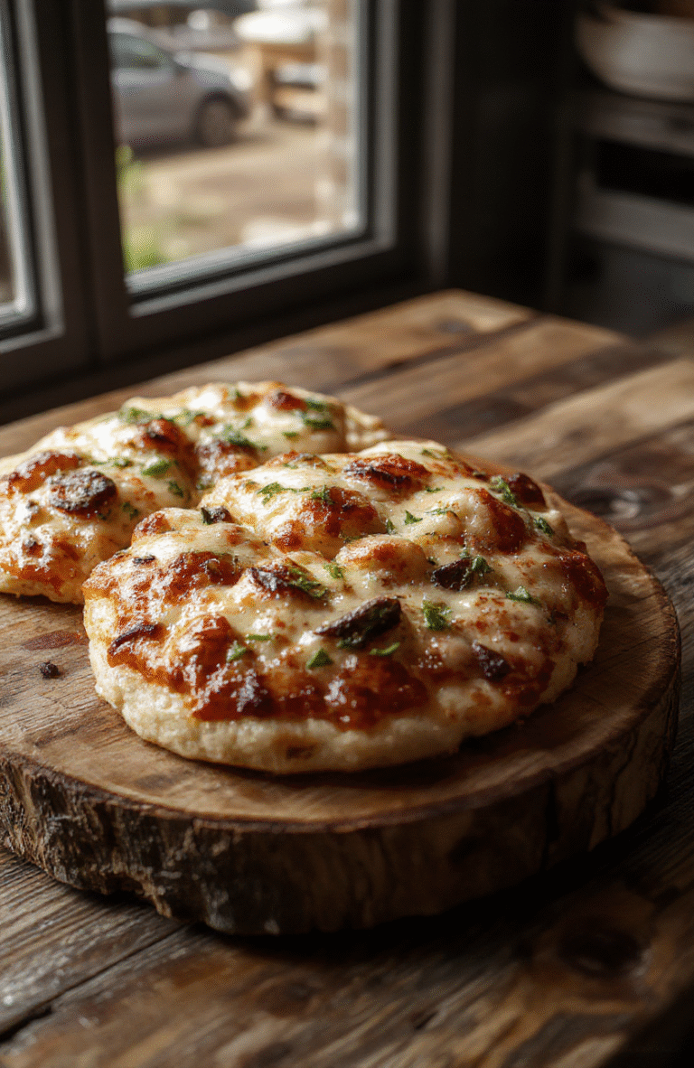 Knusprige Pizzastangen mit goldener Oberseite, gefüllt mit geschmolzenem Käse und Tomatensauce, auf einem holzfarbenen Schneidebrett, mit frischem Basilikum garniert, appetitlich und einladend