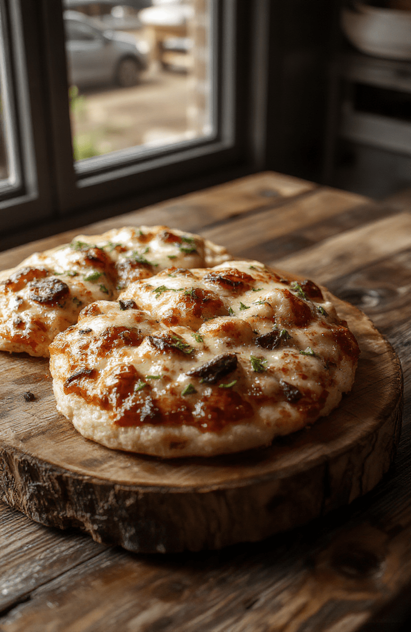 Knusprige Pizzastangen mit goldener Oberseite, gefüllt mit geschmolzenem Käse und Tomatensauce, auf einem holzfarbenen Schneidebrett, mit frischem Basilikum garniert, appetitlich und einladend