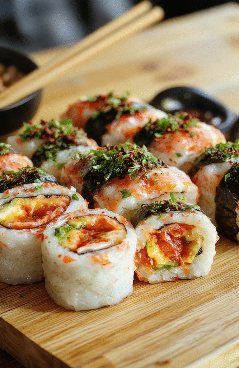 Bunte Sushi-Rollen mit knusprigem Rand, kunstvoll angerichtet auf einem neutralen Teller, mit frischen Fisch, Avocado und Sesam bestreut