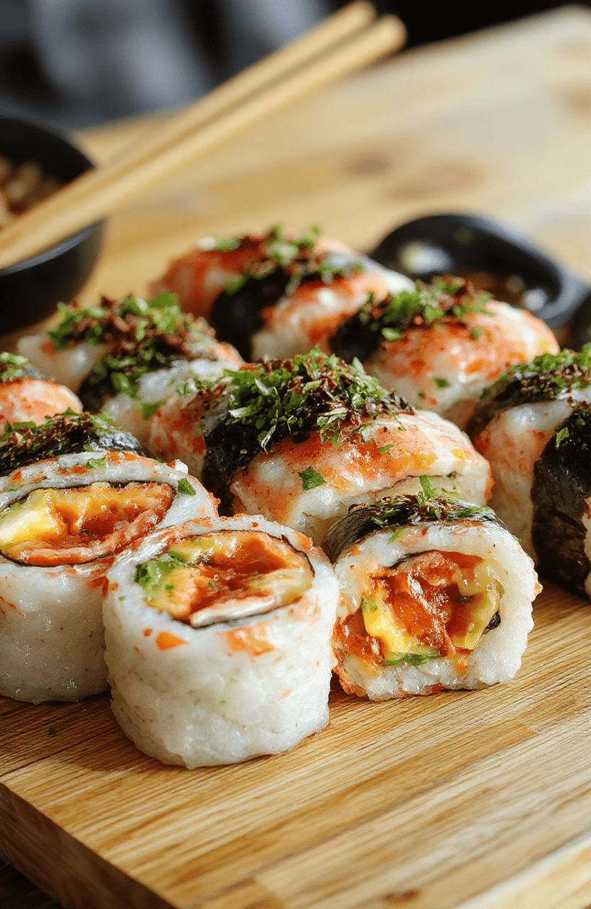 Bunte Sushi-Rollen mit knusprigem Rand, kunstvoll angerichtet auf einem neutralen Teller, mit frischen Fisch, Avocado und Sesam bestreut