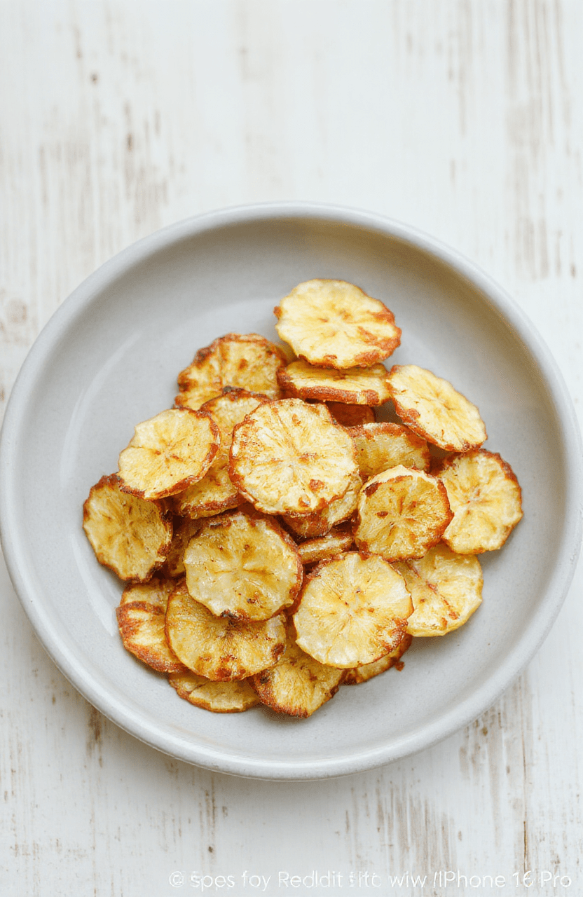 Bananenchips in einer transparenten Schale, goldbraun und knusprig, mit Zimt-Zucker bestreut, auf einem hellen Holztisch, natürlichem Licht, unscharfer Hintergrund