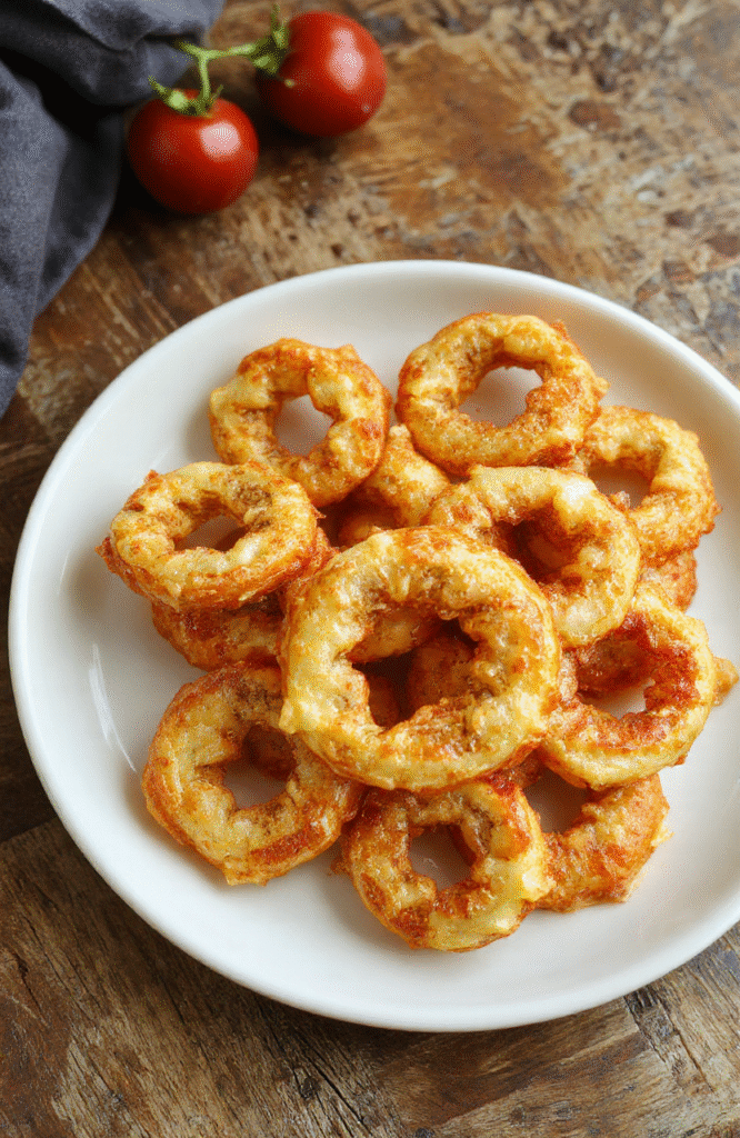 Knusprige Zwiebelringe in goldbrauner Panade, schön angerichtet auf einem weißen Teller, frische Zwiebeln, leicht gebräunt, appetitlich, perfekt für Snacks.
