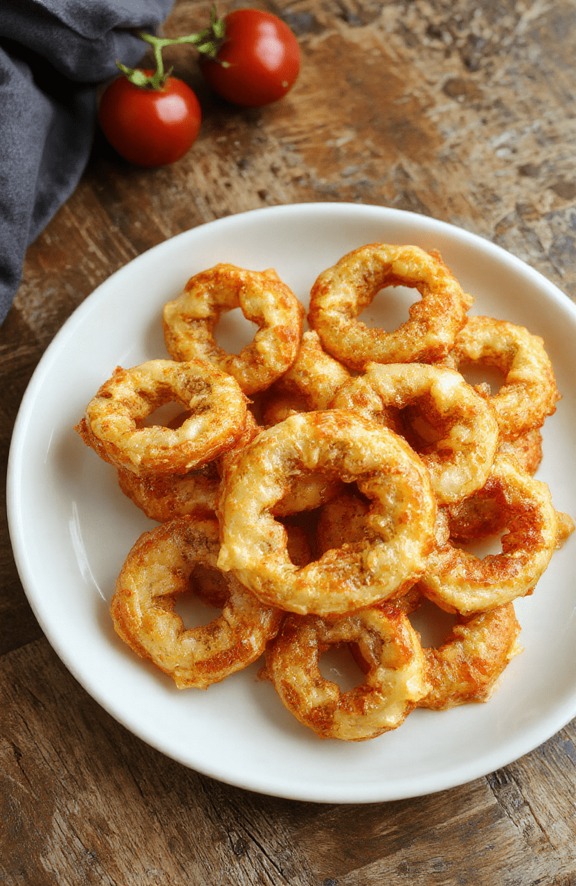Knusprige Zwiebelringe in goldbrauner Panade, schön angerichtet auf einem weißen Teller, frische Zwiebeln, leicht gebräunt, appetitlich, perfekt für Snacks.