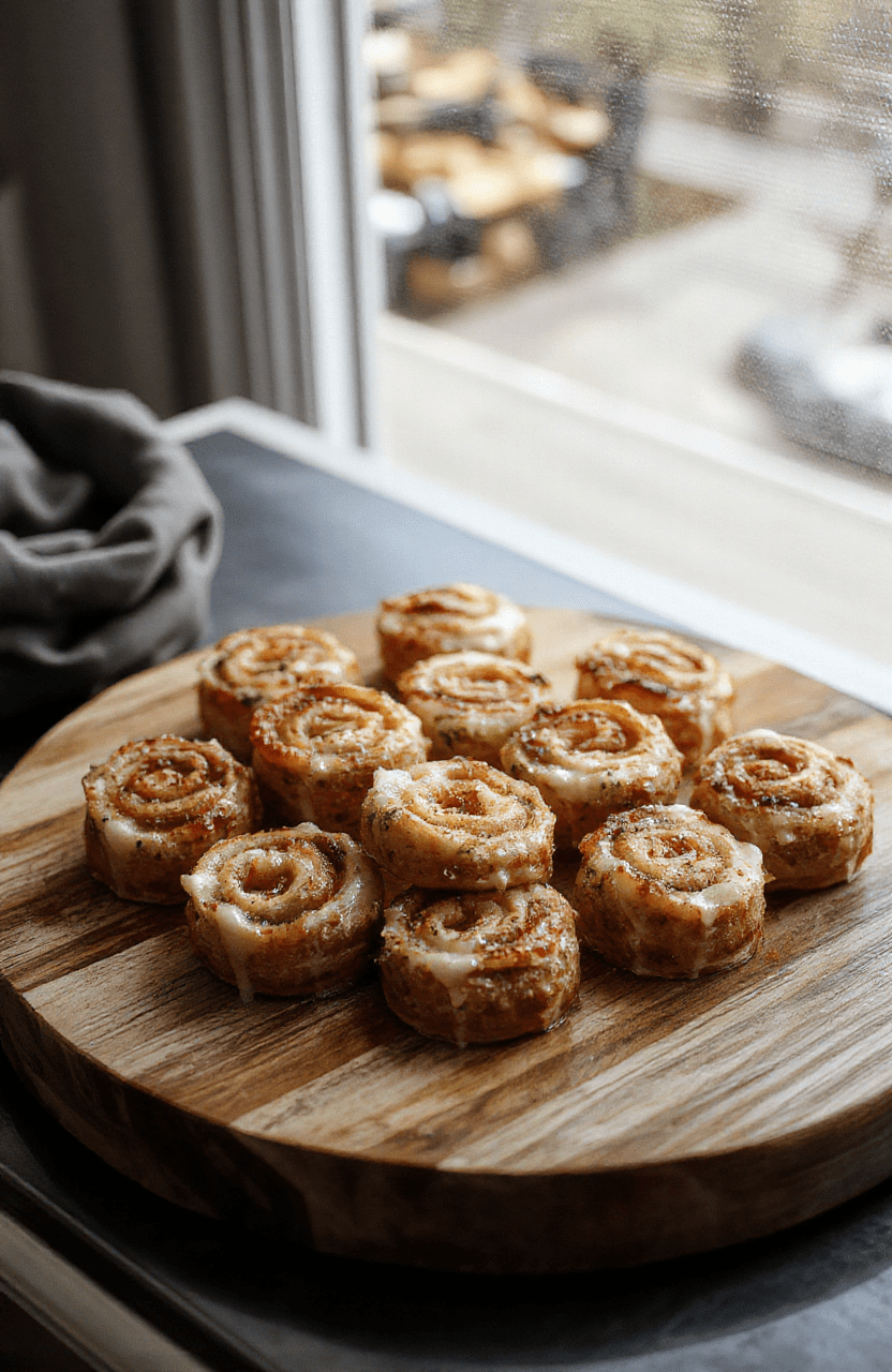 Goldbraune, knusprige Zwiebelrollen auf einem weißen Teller, mit karamellisierten Zwiebeln und etwaiger Petersilie als Garnitur, frisch und appetitlich