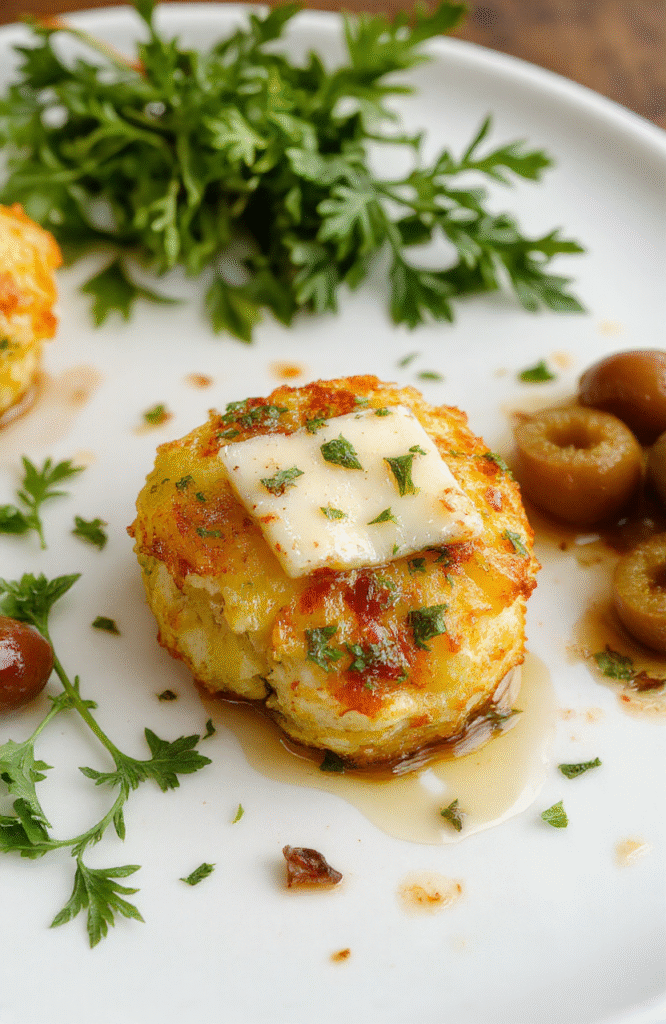 Knuspriger Airfryer Feta auf einem weißen Teller, umgeben von frischen Kräutern und Oliven, goldbraun und knusprig, mit einer cremigen Käseschicht